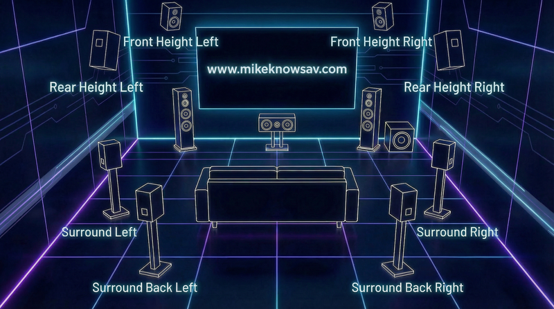 7.1.4 Dolby Atmos speaker placement diagram with overhead height channels for Arizona home theater