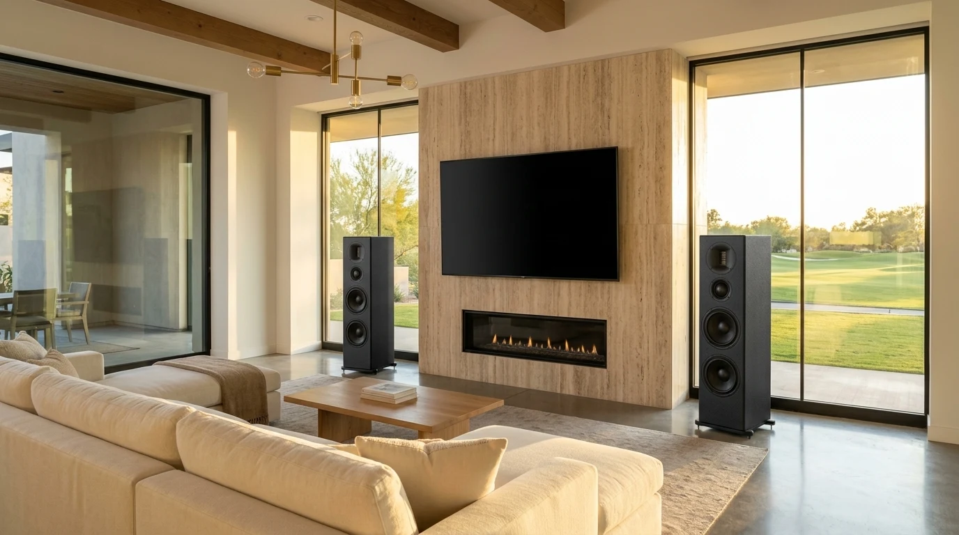 WubWub Audio three-woofer matte-black tower speakers flanking an 85-inch flat-panel TV on a travertine accent wall with linear fireplace in an Anthem Country Club Arizona contemporary great room with full glass wall view of golf fairway