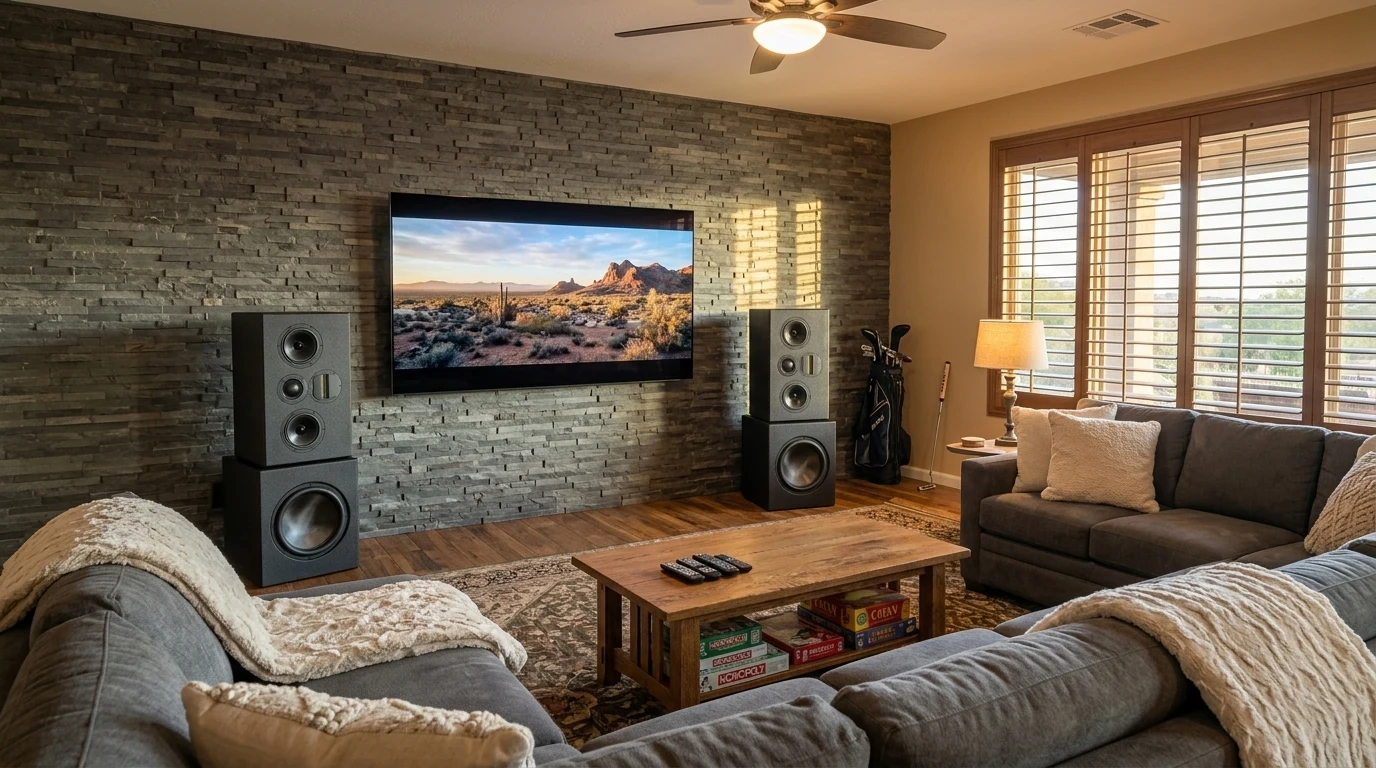 WubWub Audio stepped tower speakers flanking a 75-inch flat-panel TV on a slate stone accent wall in a casual family media room of an Anthem Country Club Arizona contemporary home with plantation shutters