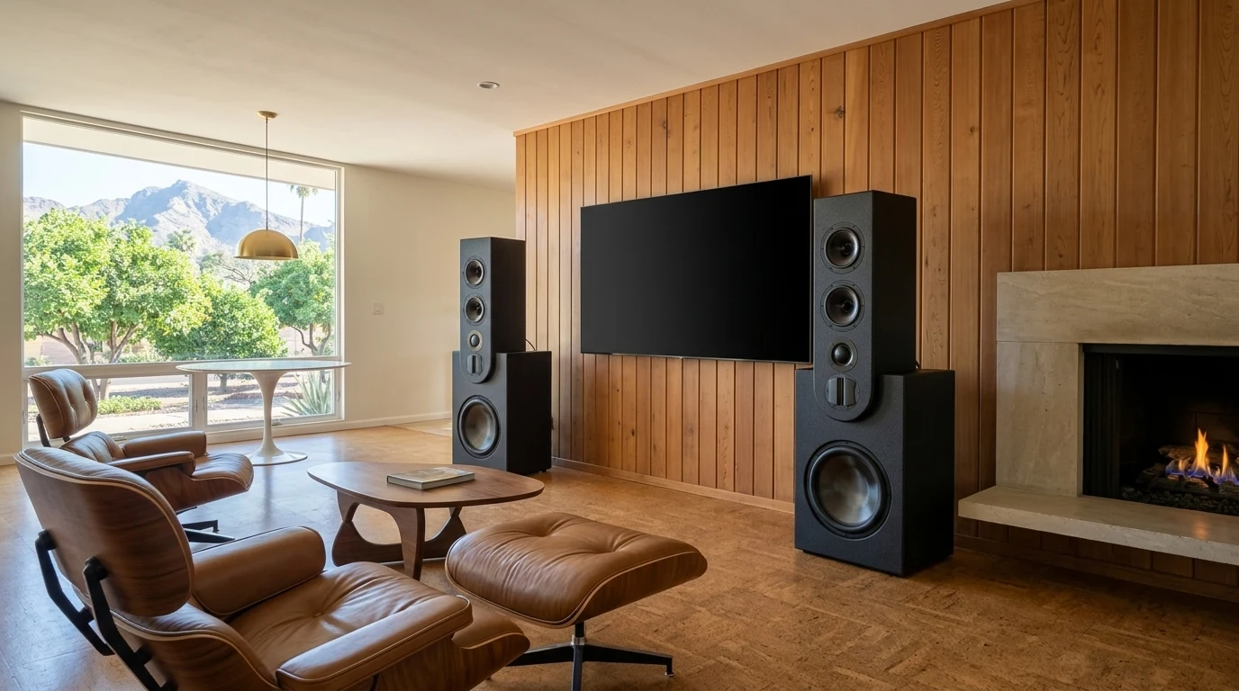 WubWub Audio matte-black stepped tower speakers flanking an 85-inch flat-panel TV on an original 1960s vertical cedar tongue-and-groove accent wall in a renovated mid-century Arcadia Phoenix Arizona great room with Camelback Mountain view