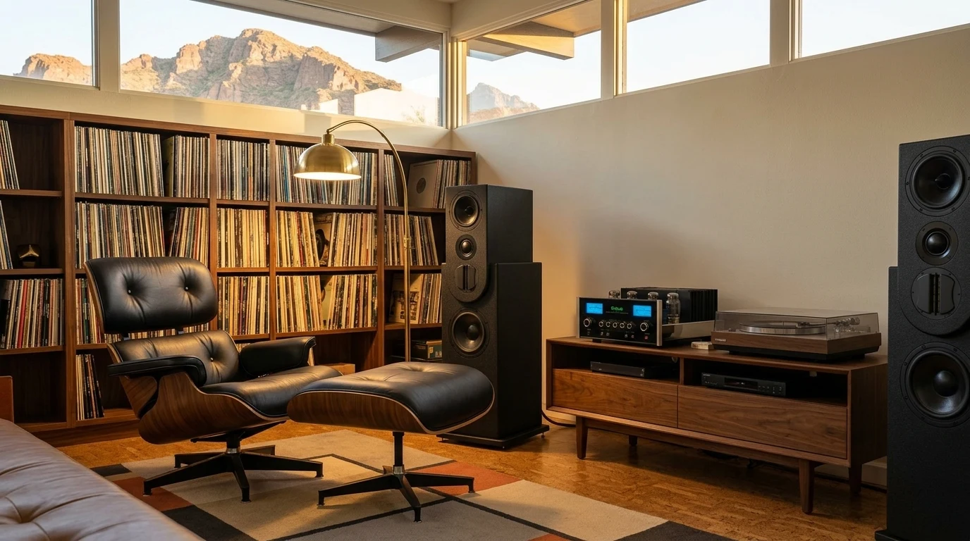 WubWub Audio stepped tower speakers in a mid-century modern library and stereo listening den in a renovated 1960s Arcadia Phoenix Arizona ranch home with walnut Eames lounge chair and built-in vinyl-LP bookshelves