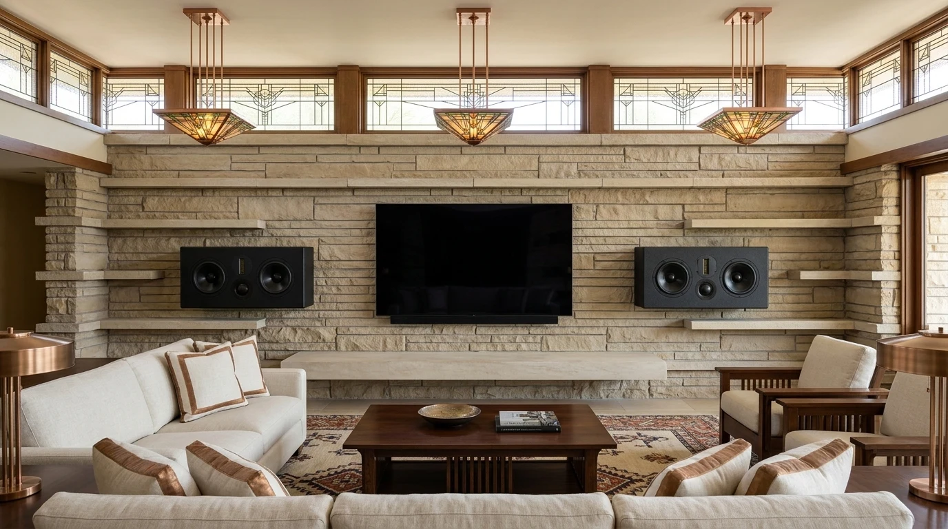 WubWub Audio horizontal on-wall surface-mount speakers flanking a 75-inch flat-panel TV on a Frank Lloyd Wright prairie-style stone band wall in a formal living room of a Biltmore Estates Phoenix Arizona home
