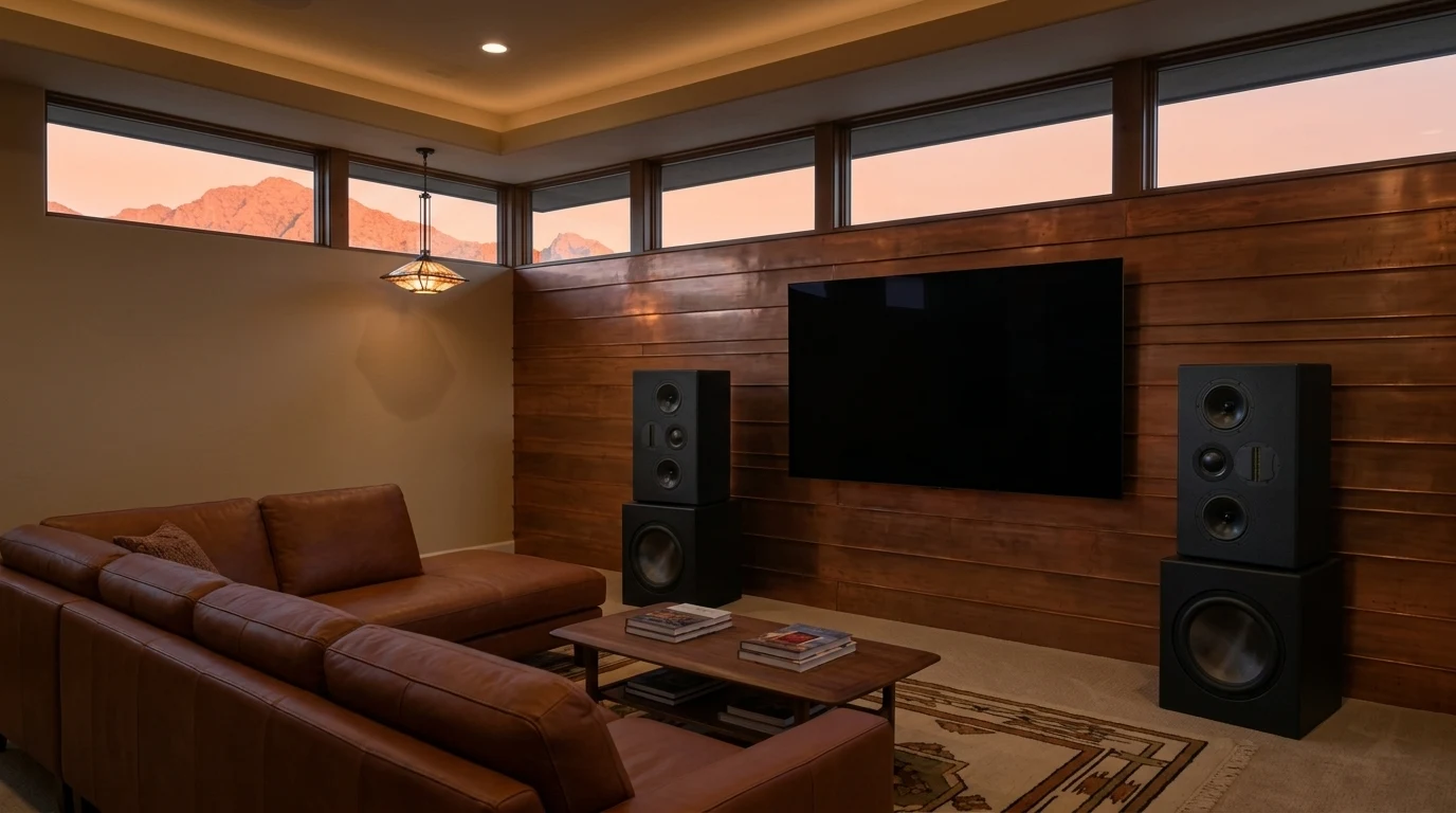 WubWub Audio matte-black stepped tower speakers flanking an 85-inch flat-panel TV on a copper-clad horizontal accent wall in a casual media room of a Biltmore Estates Phoenix Arizona prairie-style home at dusk