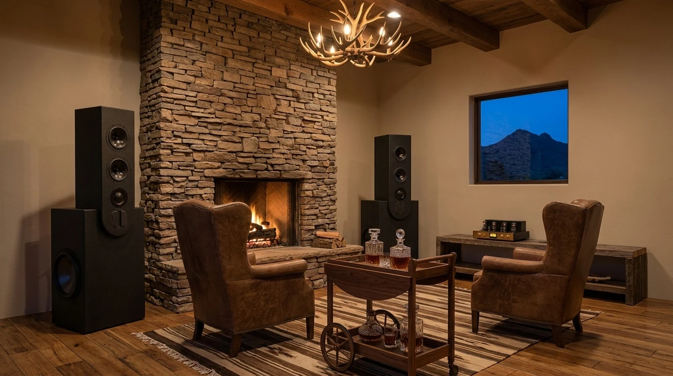 WubWub Audio stepped tower speakers flanking a massive floor-to-ceiling river-rock fireplace with weathered leather wingback chairs in a rustic-modern stereo listening den of a Carefree Arizona desert sanctuary home