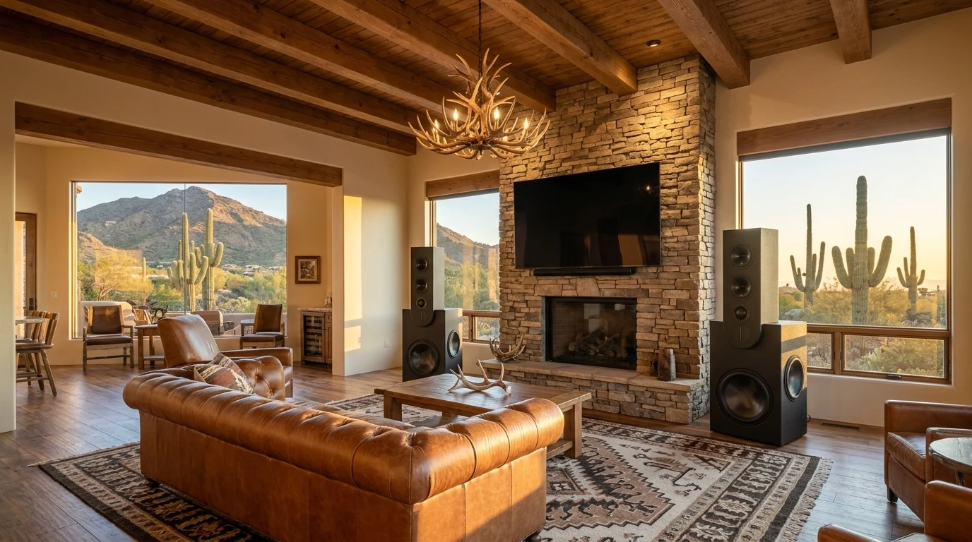 WubWub Audio matte-black stepped tower speakers flanking a 75-inch flat-panel TV on a stacked dry-stack stone fireplace wall in a rustic-modern Carefree Arizona desert sanctuary great room with exposed heavy timber beams and Black Mountain view at golden hour