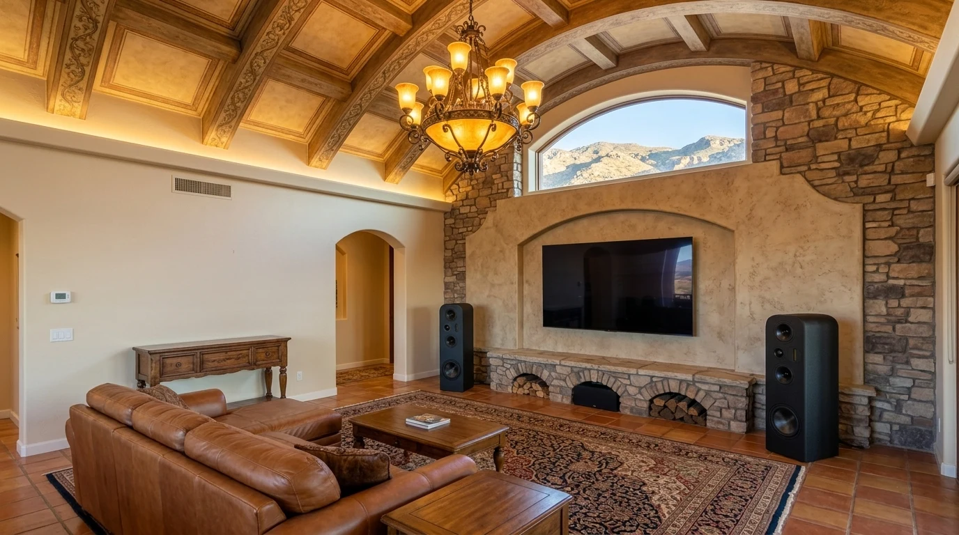 WubWub Audio matte-black rounded-top tower speakers flanking an 85-inch flat-panel TV on a stone-and-stucco accent wall in an Aviano Desert Ridge Phoenix Arizona Tuscan villa great room with dramatic arched coffered ceiling and antique chandelier