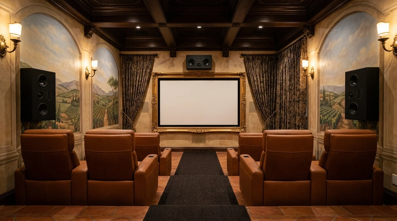 Formal dedicated home theater with WubWub Audio on-wall LCR speakers flanking a 110-inch projection screen with gold-leaf framing and Italian Poltrona Frau cognac leather recliners in an Aviano Desert Ridge Phoenix Arizona Tuscan villa