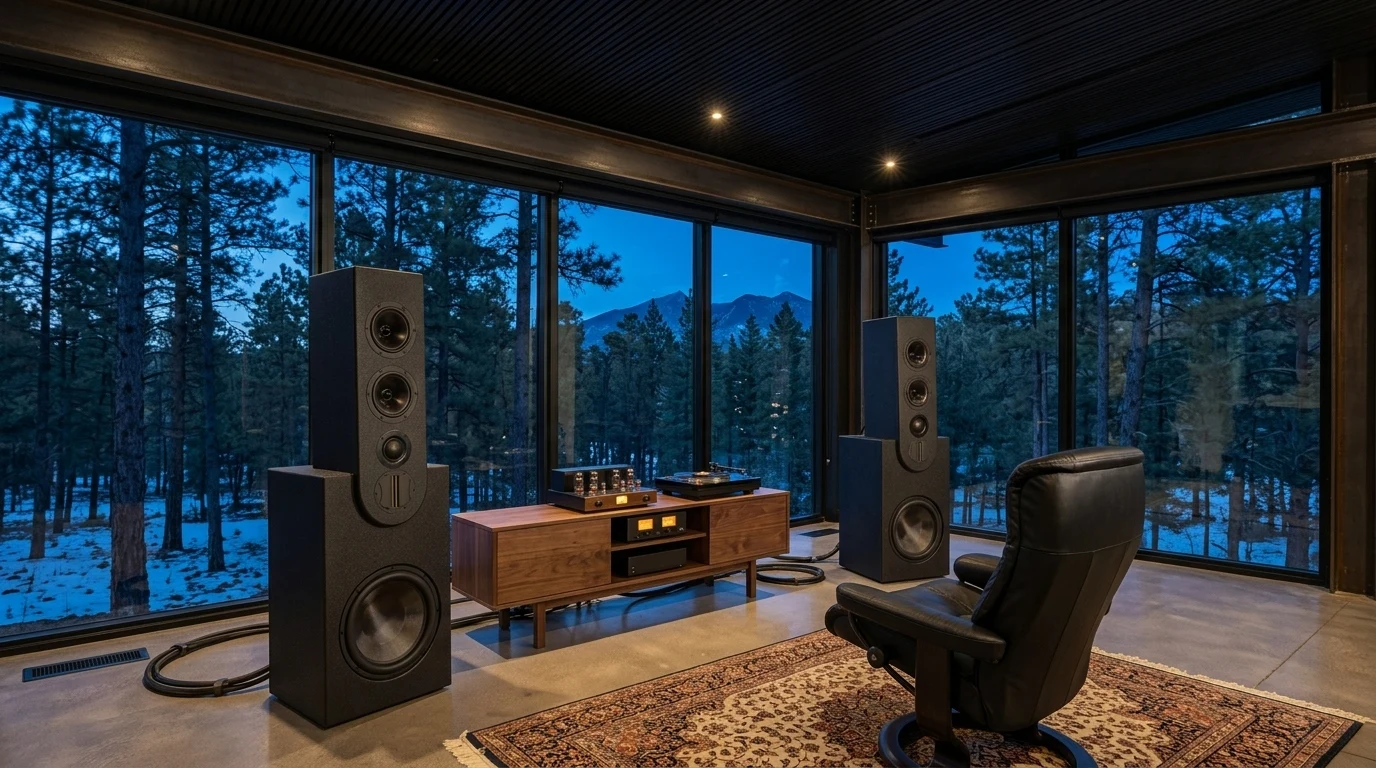 WubWub Audio stepped tower speakers and McIntosh tube amplifier in a mountain-modern dedicated 2-channel listening room of a Flagstaff Arizona luxury mountain home with floor-to-ceiling glass view of snowy ponderosa pine forest and San Francisco Peaks at blue hour