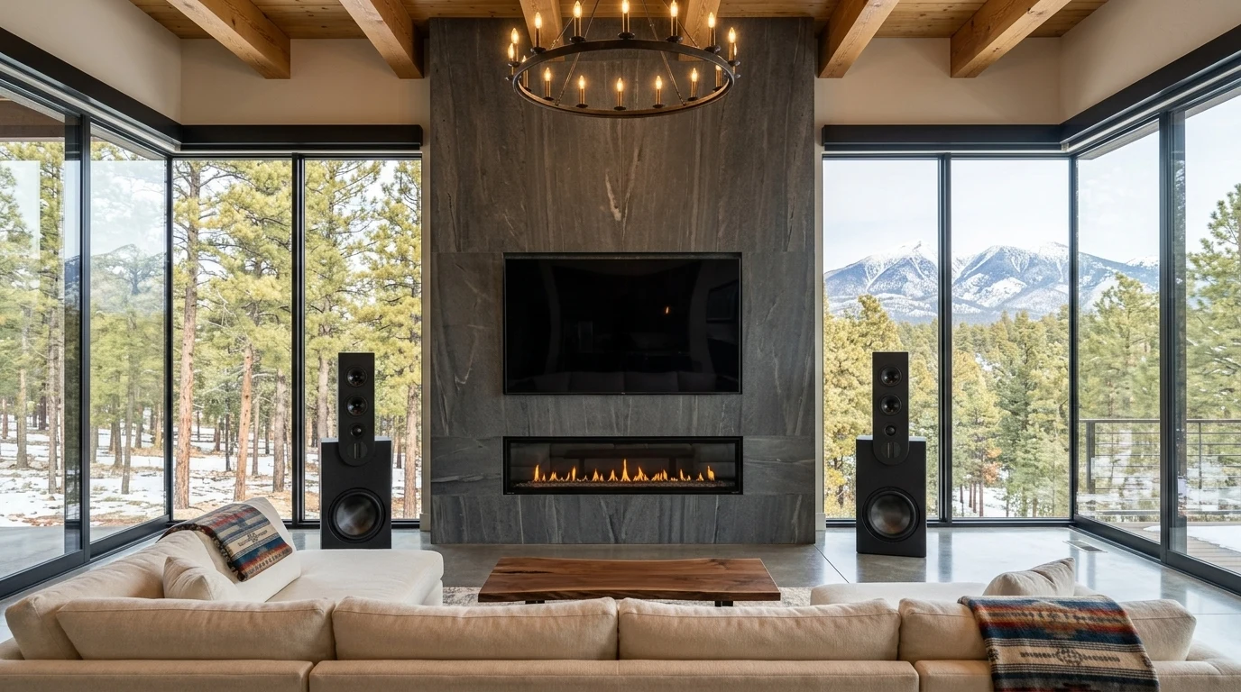 WubWub Audio matte-black stepped tower speakers flanking an 85-inch flat-panel TV on a vertical-grain bluestone accent wall in a mountain-modern Flagstaff Arizona luxury great room with full floor-to-ceiling glass view of San Francisco Peaks and snowy ponderosa pines