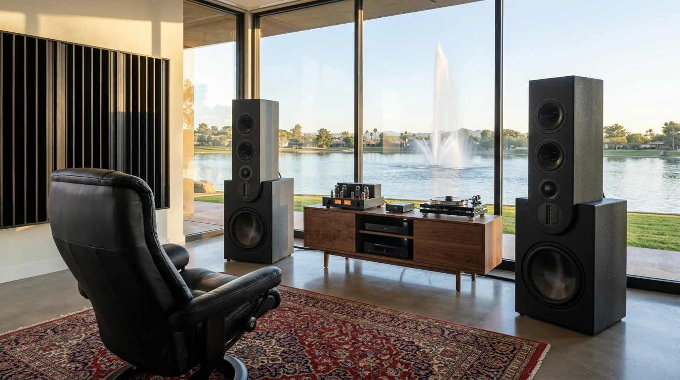 WubWub Audio stepped tower speakers in a dedicated stereo listening room of a Fountain Hills Arizona lakefront luxury home with floor-to-ceiling glass view of Fountain Park lake and the famous fountain water plume