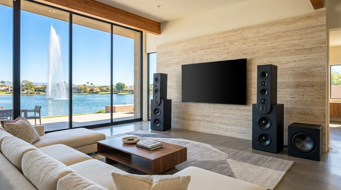 WubWub Audio matte-black stepped tower speakers and matching subwoofer flanking a 98-inch flat-panel TV in a Fountain Hills Arizona lakefront great room with full curtain wall view of Fountain Park lake and water plume erupting against blue sky