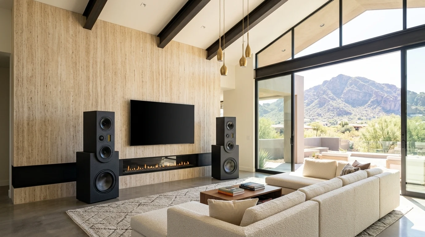WubWub Audio matte-black stepped tower speakers flanking a 98-inch flat-panel TV on a travertine accent wall with linear gas fireplace in a Paradise Valley Arizona estate great room with full-height glass wall view of Camelback Mountain