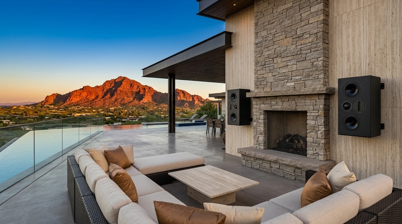 WubWub Audio on-wall outdoor speakers on a limestone accent wall of a Paradise Valley Arizona hilltop terrace with infinity pool and direct golden-hour view of Camelback Mountain