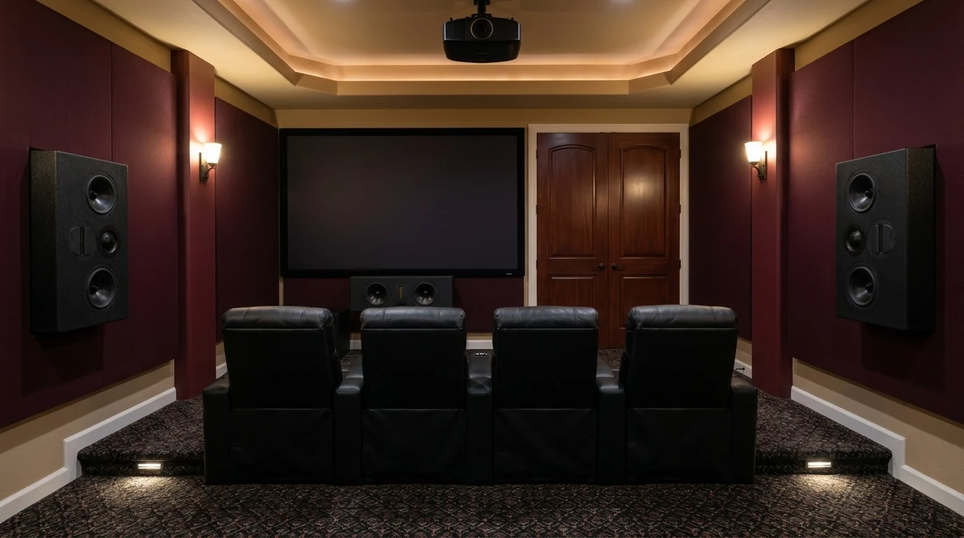 Dedicated home cinema theater room with three WubWub Audio on-wall LCR speakers flanking a 120-inch projection screen, leather recliners on stepped riser, in a luxury Phoenix Arizona home