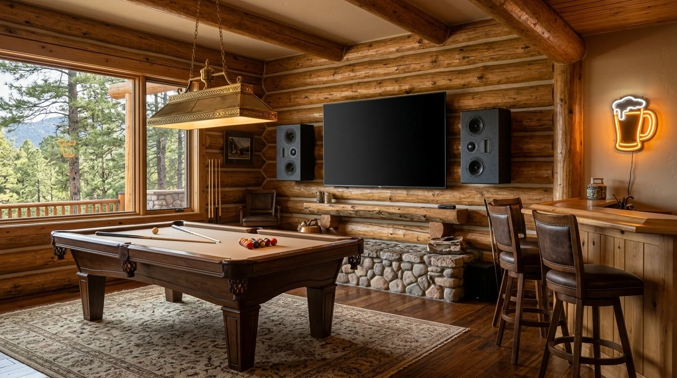 WubWub Audio on-wall surface-mount speakers flanking a 75-inch flat-panel TV on a hand-hewn log cabin wall above a river-rock hearth in a Prescott Arizona timber-frame mountain home billiard room with antique Brunswick pool table