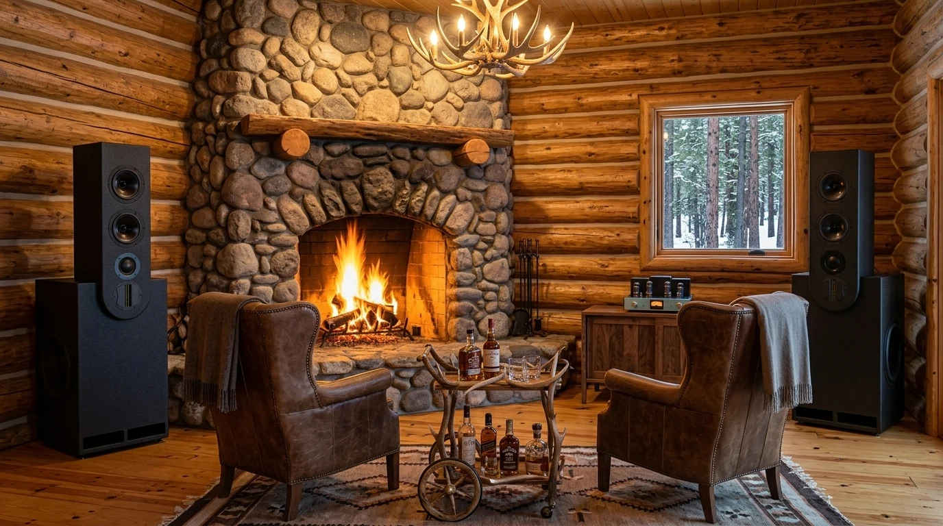 WubWub Audio matte-black stepped tower speakers flanking a massive river-rock fireplace with roaring flames in a log-cabin stereo listening den of a Prescott Arizona timber-frame mountain cabin with snowy ponderosa pine forest visible through log-framed picture window