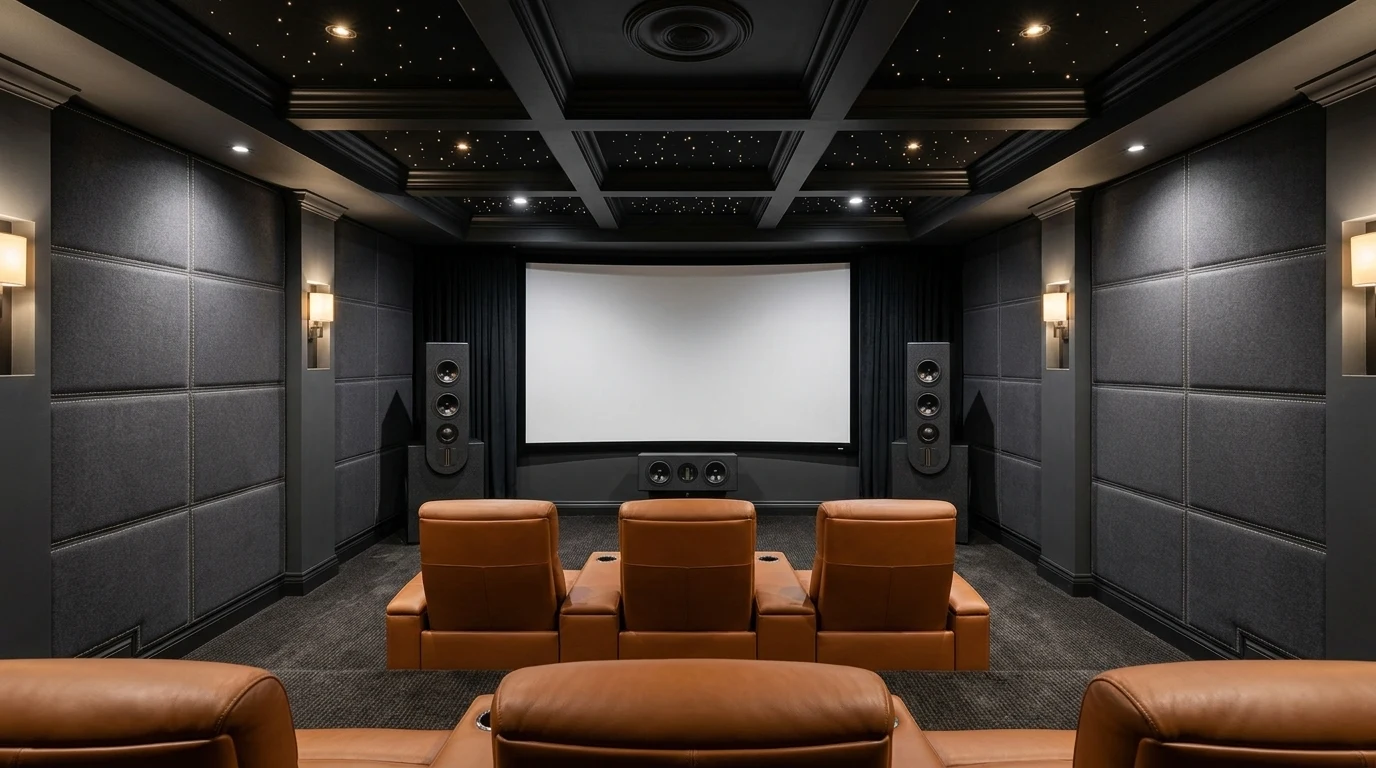 Formal dedicated home theater with WubWub Audio on-wall LCR speakers, Italian Poltrona Frau cognac leather recliners on stepped riser, charcoal acoustic panels in a luxury North Scottsdale Arizona estate