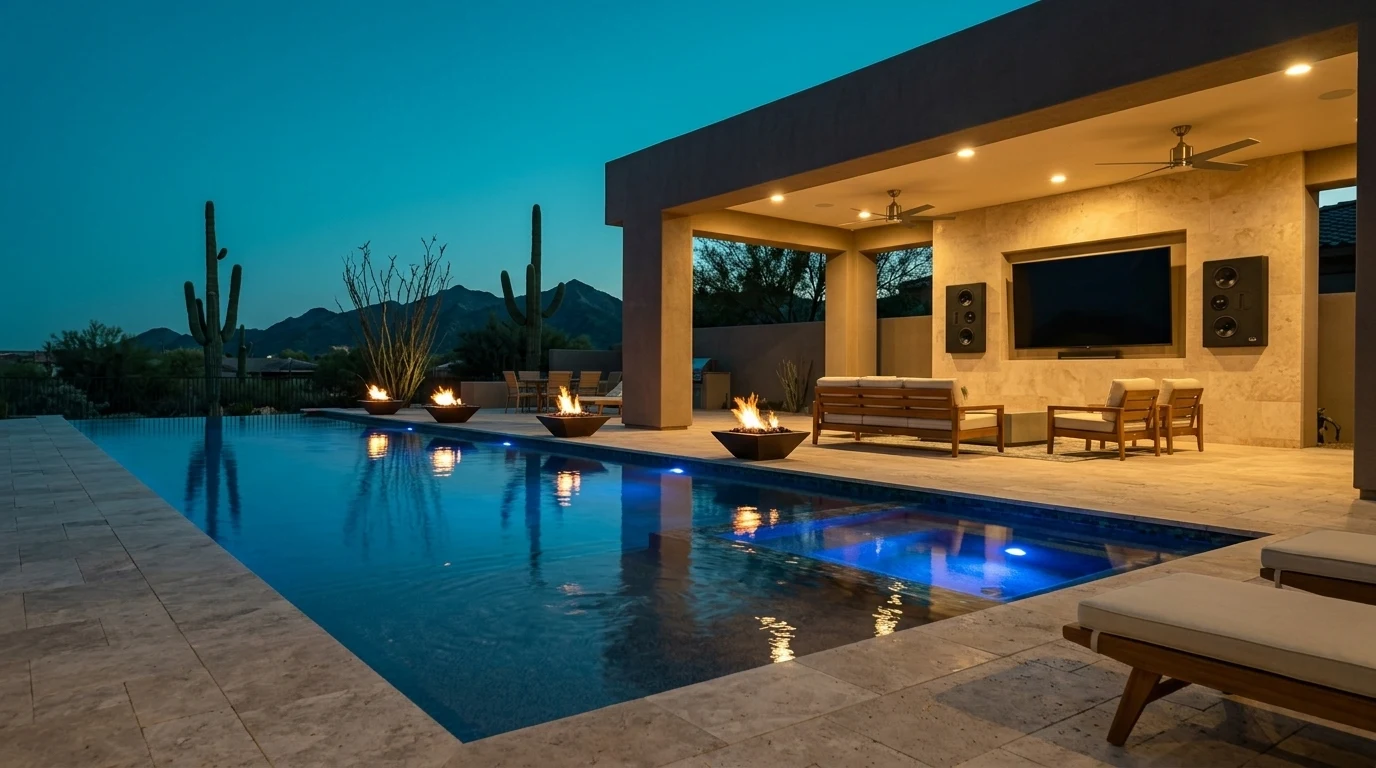 WubWub Audio on-wall outdoor speakers flanking a wall-mount outdoor TV on a covered travertine pool deck of a luxury North Scottsdale Arizona resort-style backyard at blue hour with McDowell Mountains in the distance