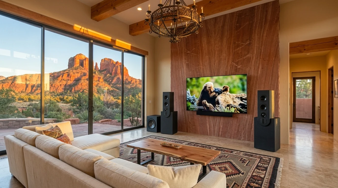 WubWub Audio matte-black stepped tower speakers and matching subwoofer flanking a 98-inch flat-panel TV on a red-rock stone accent wall in a Sedona Arizona luxury great room with full floor-to-ceiling glass view of Cathedral Rock at golden hour