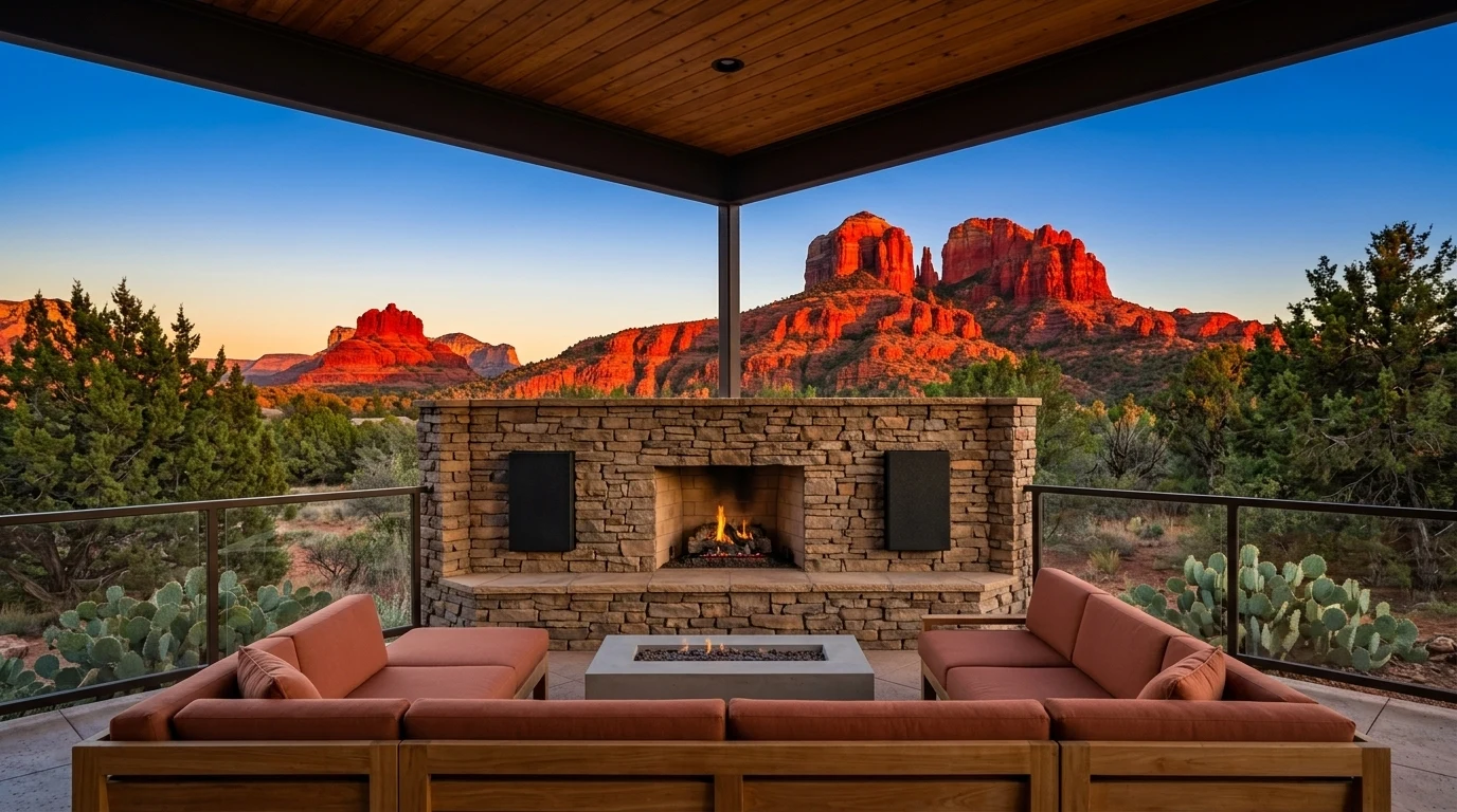 WubWub Audio on-wall outdoor speakers on a stacked-stone wall of a covered cedar patio at a Sedona Arizona luxury home at golden hour with Cathedral Rock and red-rock formations glowing crimson in late sun