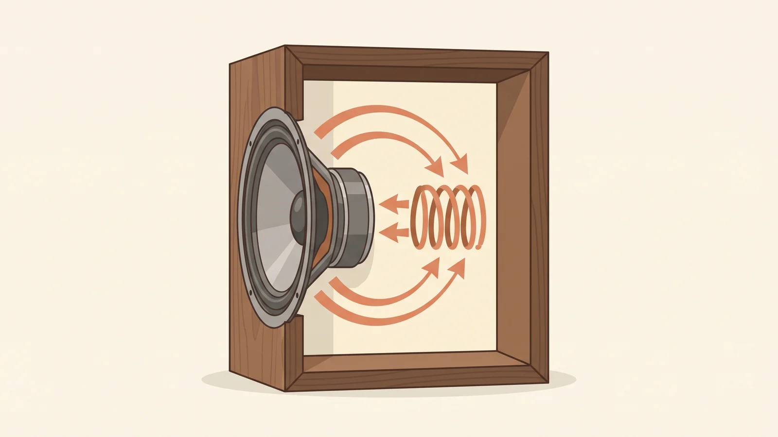 A conceptual cutaway illustration of a sealed bookshelf speaker cabinet showing a woofer cone and the trapped air behind it acting as a spring, in warm mid-century tones