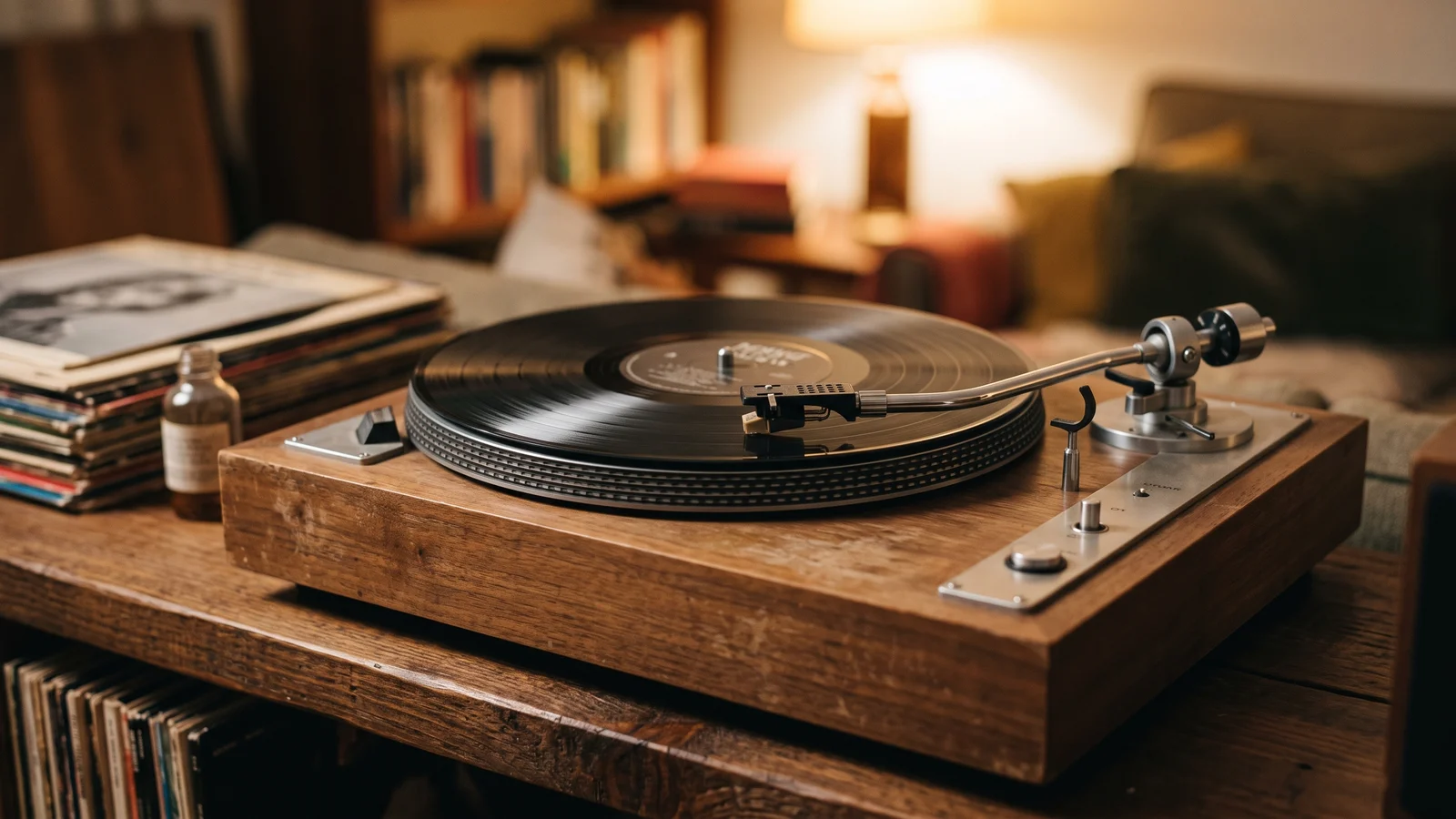 An early-1960s belt-drive turntable with a spring-suspended subchassis and slim tonearm playing a vinyl record on a wooden shelf in warm lamplight, evoking the acoustic-suspension era turntable that influenced decades of designs