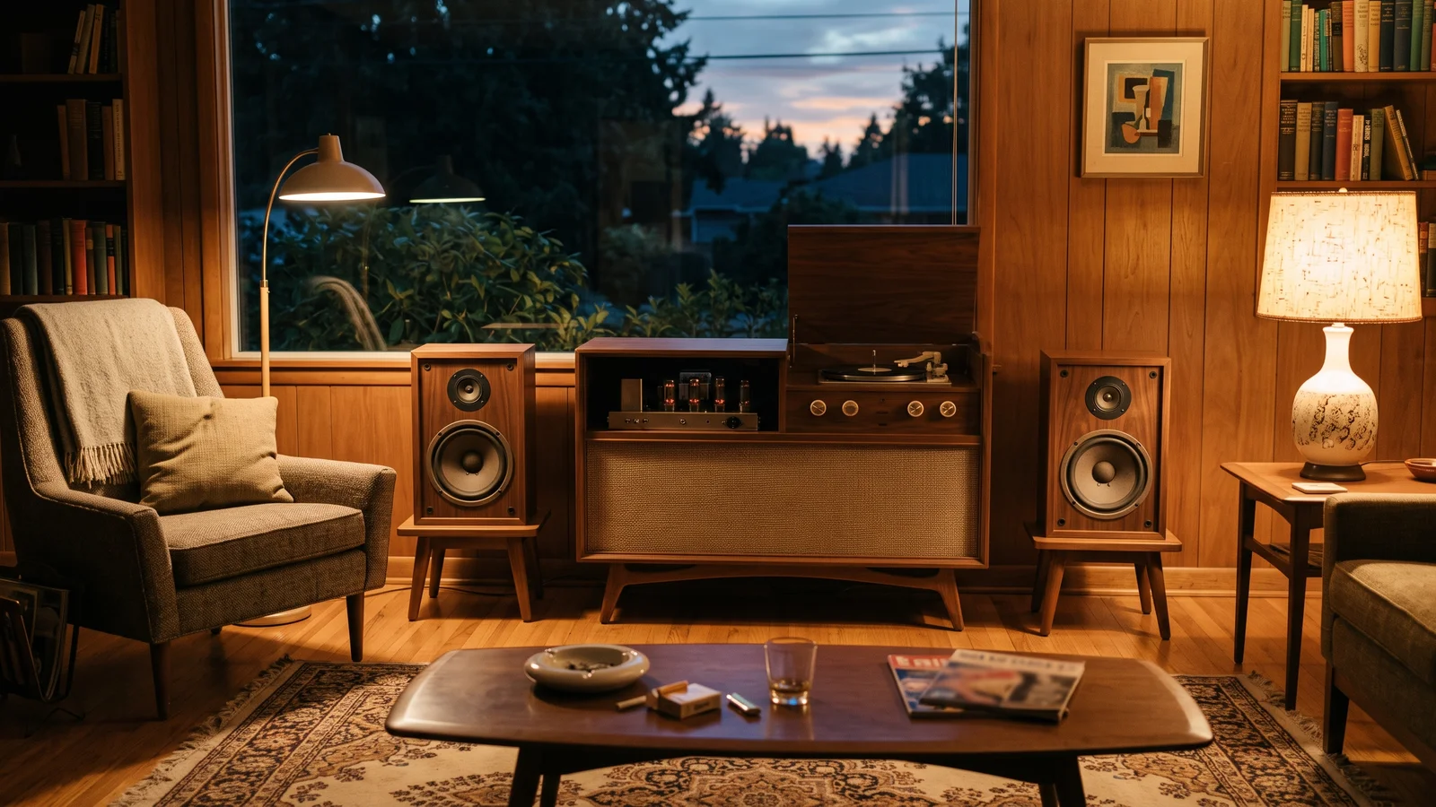 A late-1950s living room with compact bookshelf loudspeakers on low stands flanking a hi-fi console, evoking the era of the AR-3 speaker