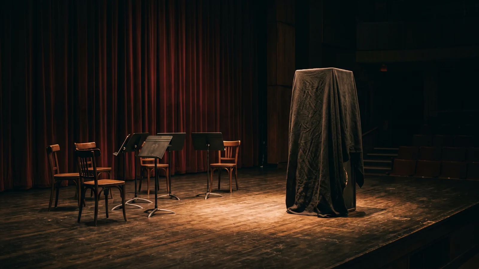 A dim concert hall stage with four empty string-quartet chairs and music stands beside a cloth-draped loudspeaker cabinet, evoking a 1960s live-versus-recorded listening demonstration