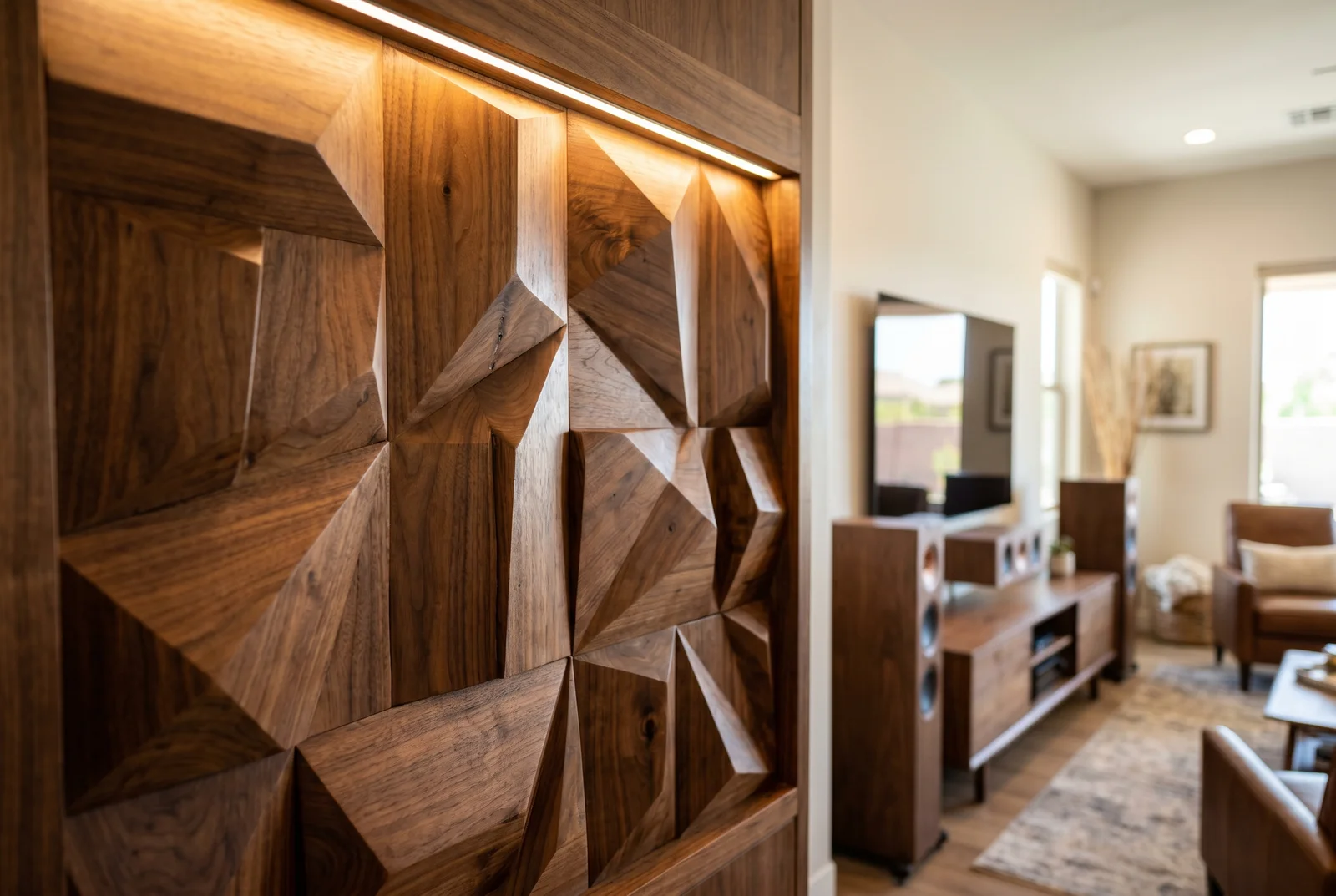 Close-up detail of custom architectural millwork wall panel with integrated acou — Acoustic Treatment Paradise Valley AZ