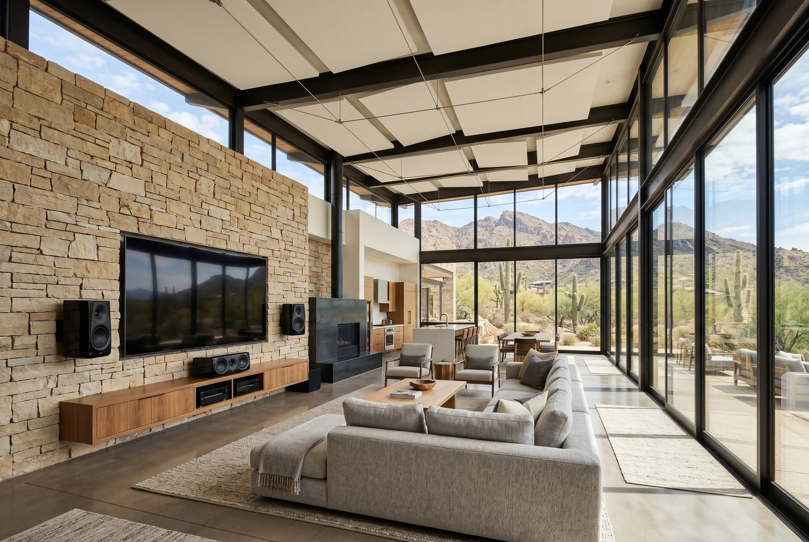 Modern Paradise Valley Arizona great room with double-height ceiling and suspend — Acoustic Treatment Paradise Valley AZ