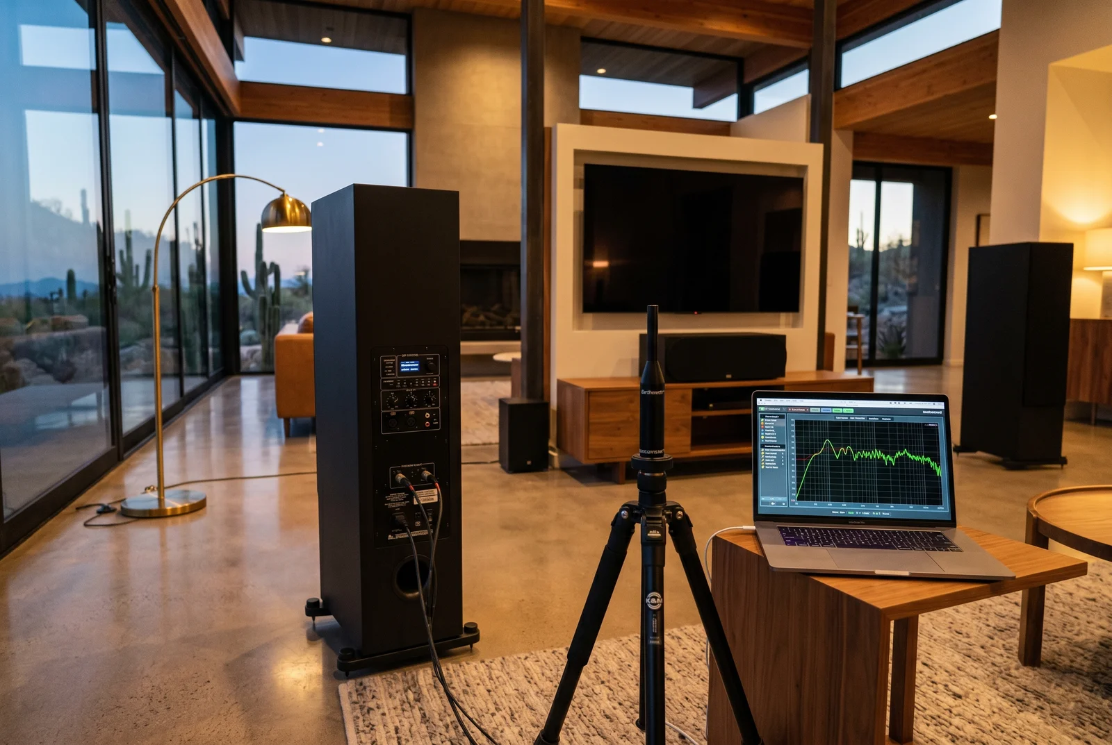 Rear view of a custom powered tower speaker in matte black finish with visible D — Acoustic Treatment Paradise Valley AZ