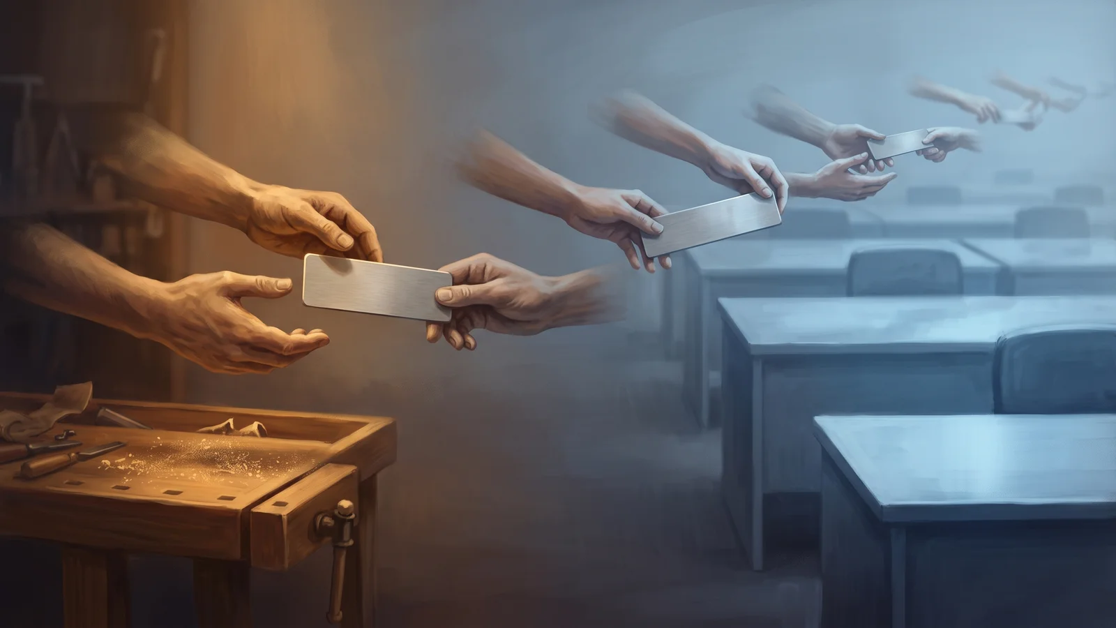 A stylized relay of hands passing a plain unlabeled metal nameplate down a line, from a small workbench toward a row of identical corporate desks, warm-to-cold lighting gradient