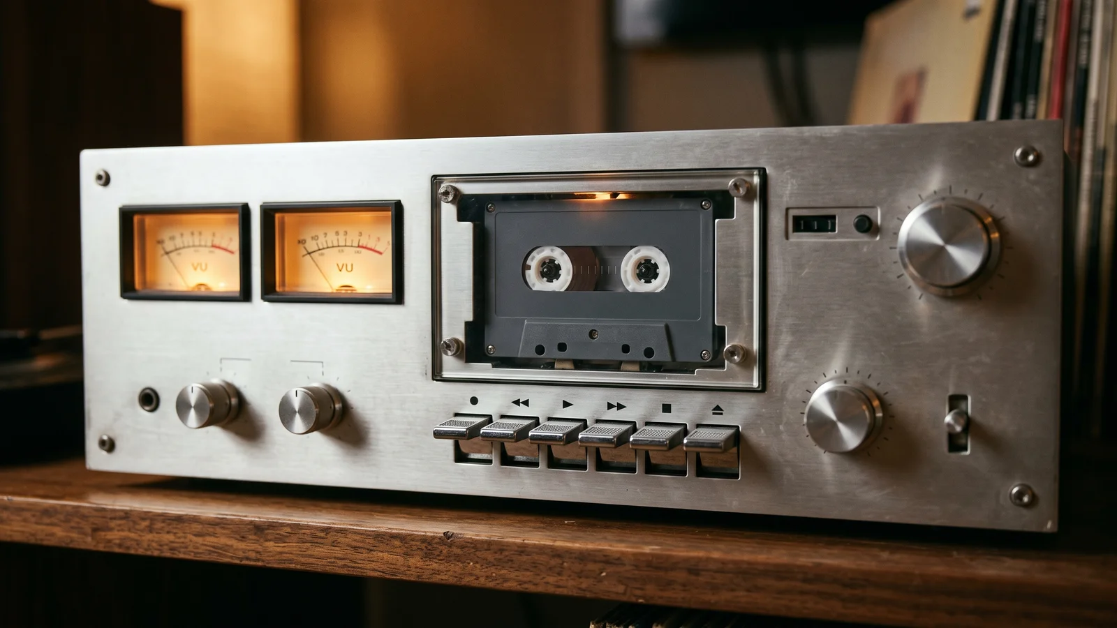 An early-1970s front-loading stereo cassette deck with a brushed-silver faceplate and two softly glowing amber VU meters sitting on a wood shelf in warm dim light, evoking the era when Dolby noise reduction turned cassettes into a hi-fi medium