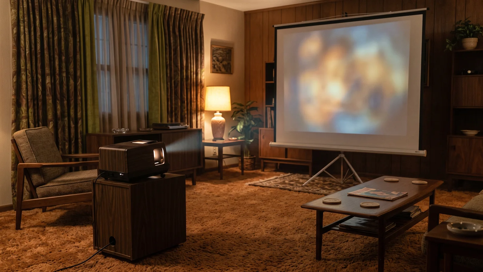 A large front-projection television setup in a 1970s living room, a boxy floor console throwing a big dim image onto a freestanding screen, shag carpet and low furniture