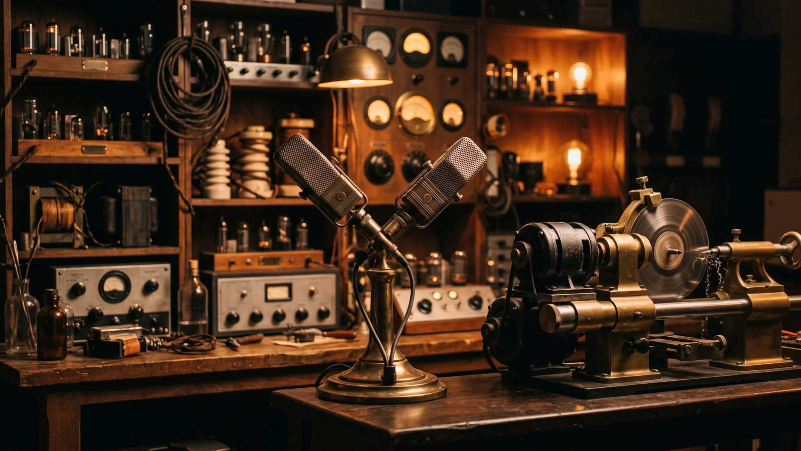 A 1930s British electronics laboratory bench at night with two crossed ribbon microphones on a stand beside a disc-cutting lathe, warm lamplight on brass and steel, evoking early stereo recording experiments