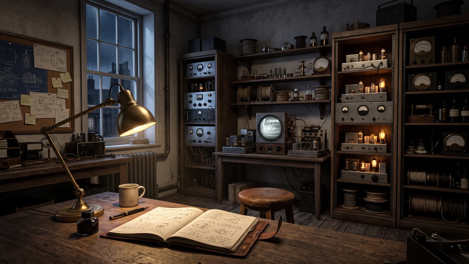 A 1930s British electronics laboratory at night with racks of glowing valves, early cathode-ray apparatus, and an engineer's notebook under a desk lamp, evoking Alan Blumlein's era of invention