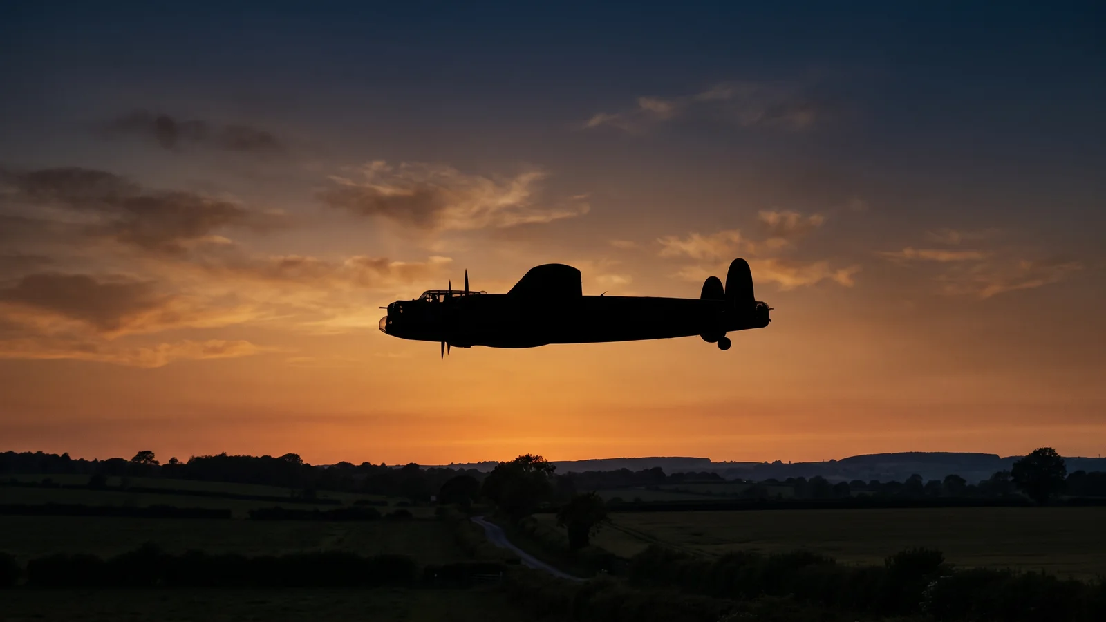 A dignified silhouette of a four-engine World War II heavy bomber flying low against a deep dusk sky over quiet English countryside, somber and respectful in tone