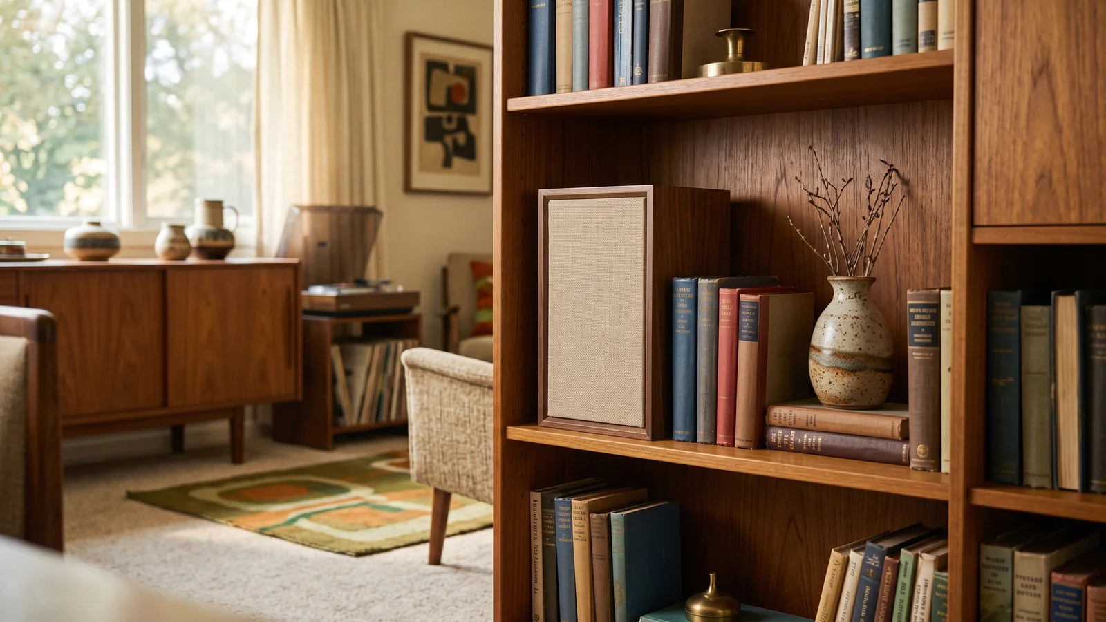 A small mid-1950s bookshelf loudspeaker with a cloth grille on a teak shelf, evoking the acoustic-suspension sealed-box speakers that shrank the cabinet