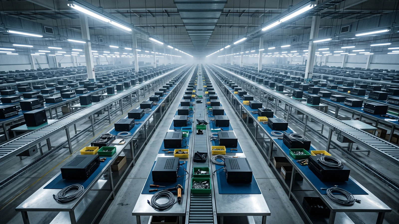 A large overseas contract-manufacturing floor with long assembly lines producing consumer audio electronics, illustrating the offshoring of legacy hi-fi brands