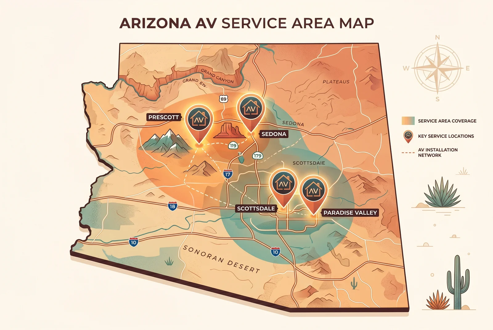 Stylized illustrated map of Arizona showing service area coverage for an audio video installer, with custom location pins highlighting Sedon