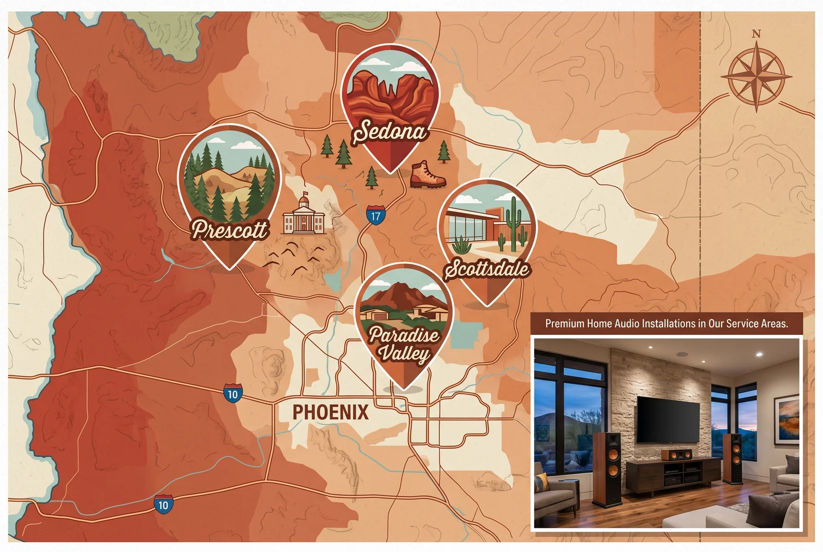 Stylized illustrated map of Arizona highlighting four service area cities with c — Audio Video Installer Near Me Arizona