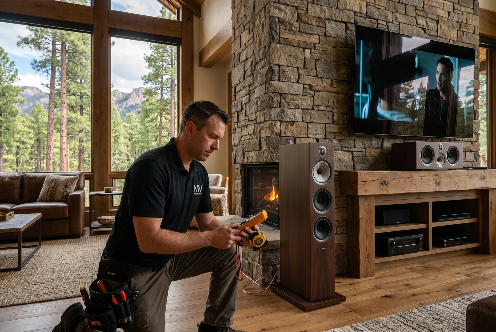 Audio video installer Mike Vincent inspecting on-wall tower speakers and a wall- — Audio Video Installer Near Me Arizona