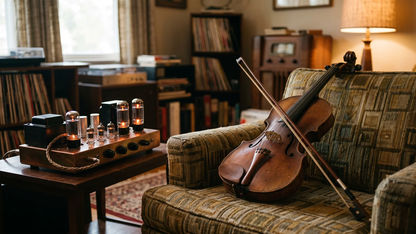 An old wooden violin and bow resting on a chair beside a warmly glowing vacuum-tube amplifier in a 1950s living room with shelves of records, evoking Avery Fisher's musician's ear behind his hi-fi engineering