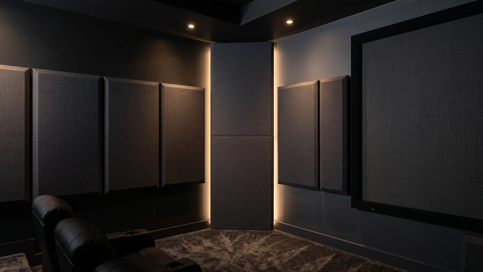 A treated home-theater corner with a floor-to-ceiling corner bass trap and fabric-wrapped absorption panels on the walls, the physical fixes DSP cannot replace