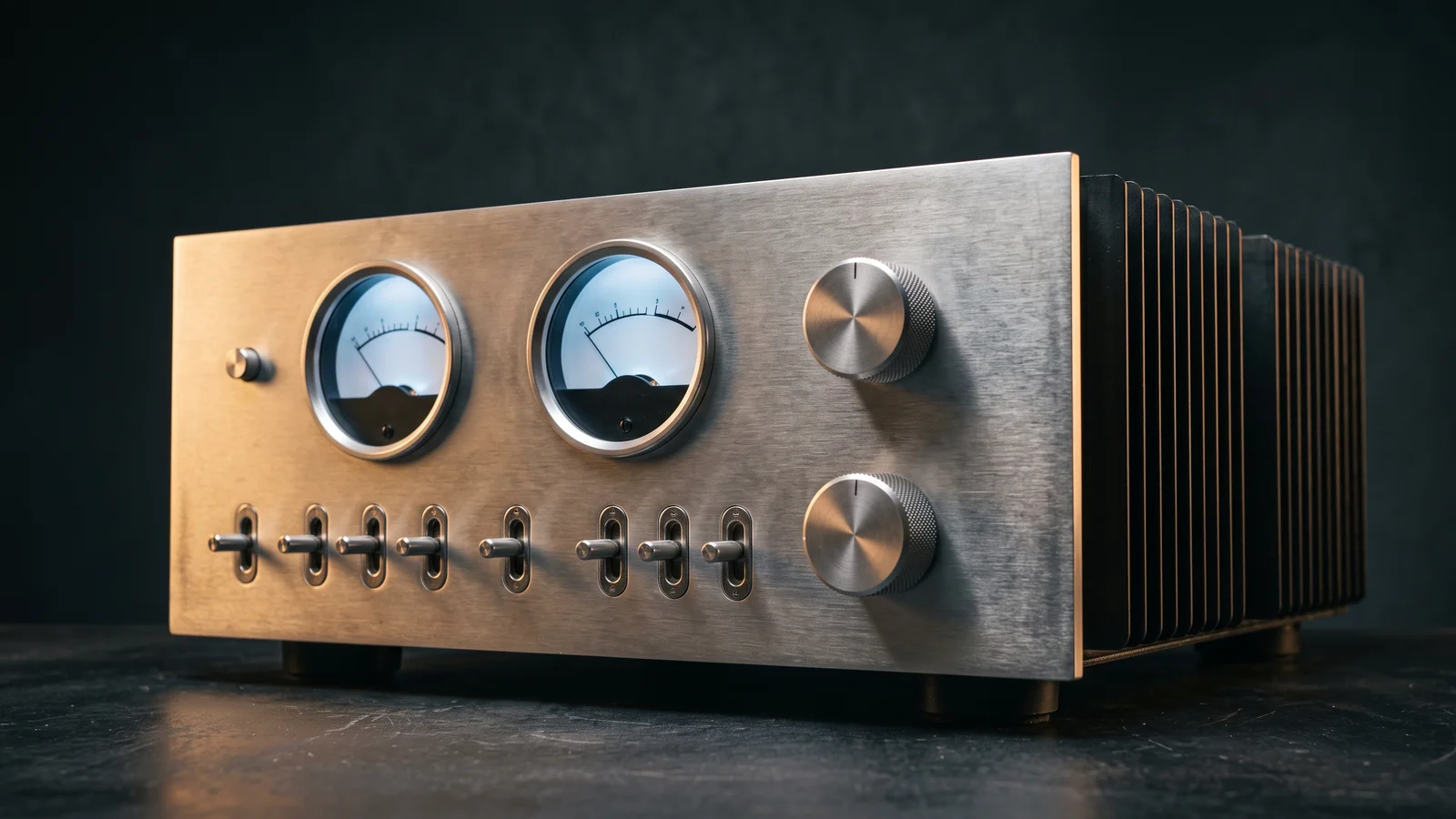 A generic vintage high-power stereo power amplifier with a wide brushed-metal faceplate and twin illuminated VU meters, viewed at a slight angle in warm light