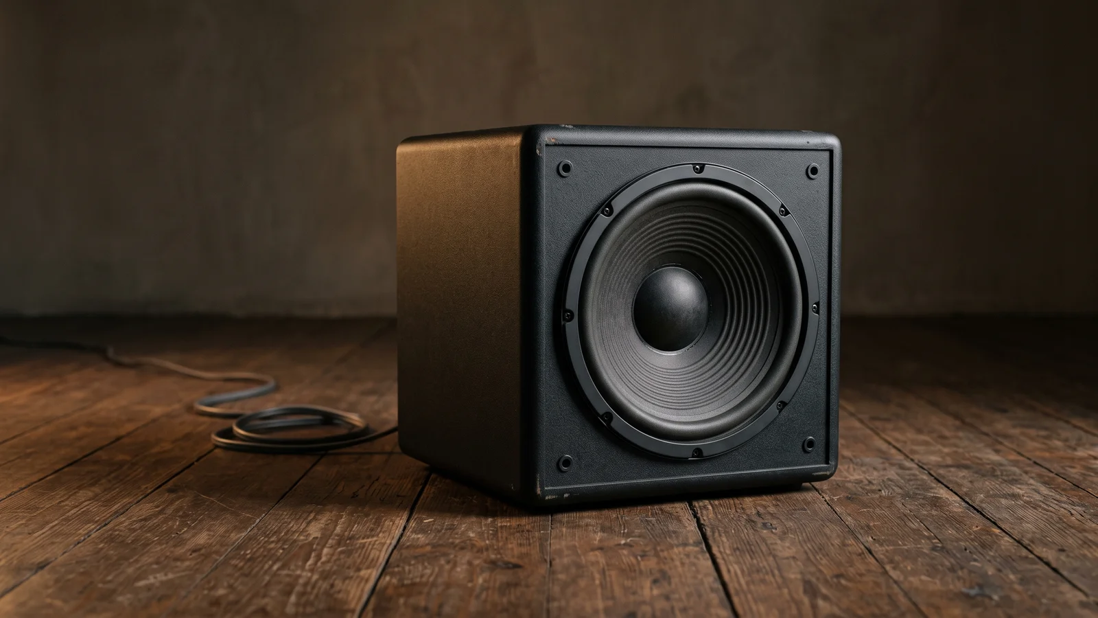 A compact matte-black cube subwoofer with a single large driver on its front face, sitting alone on a bare hardwood floor in a dim room, evoking the small-box high-power subwoofer Bob Carver made famous