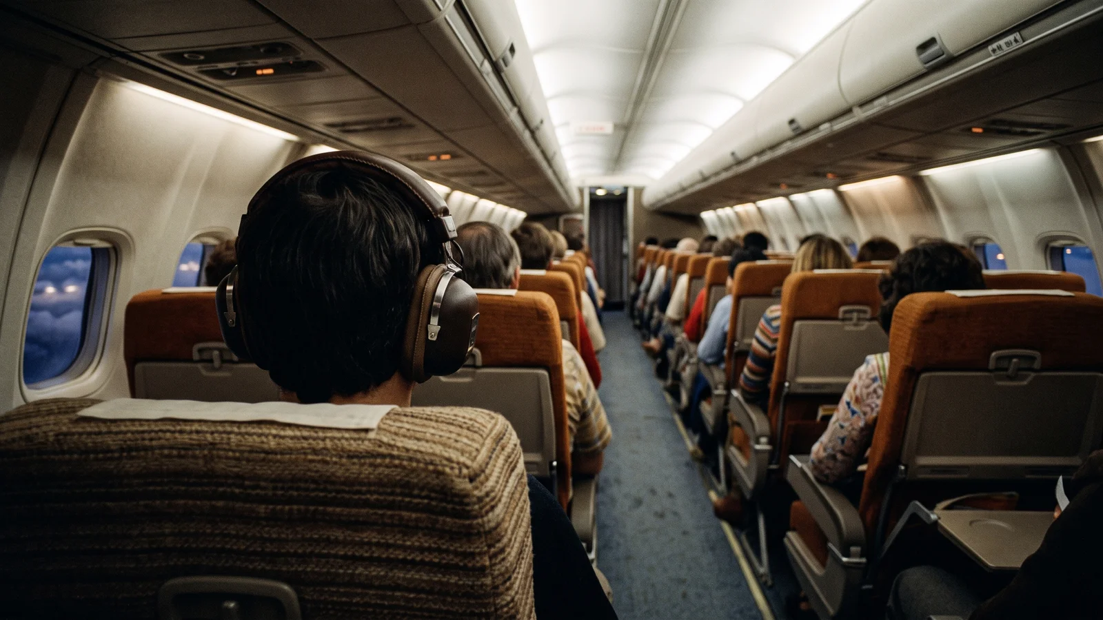 Interior of a late-1970s airliner cabin seen from behind a seated passenger wearing bulky padded headphones, evoking the 1978 flight where Amar Bose conceived noise cancellation