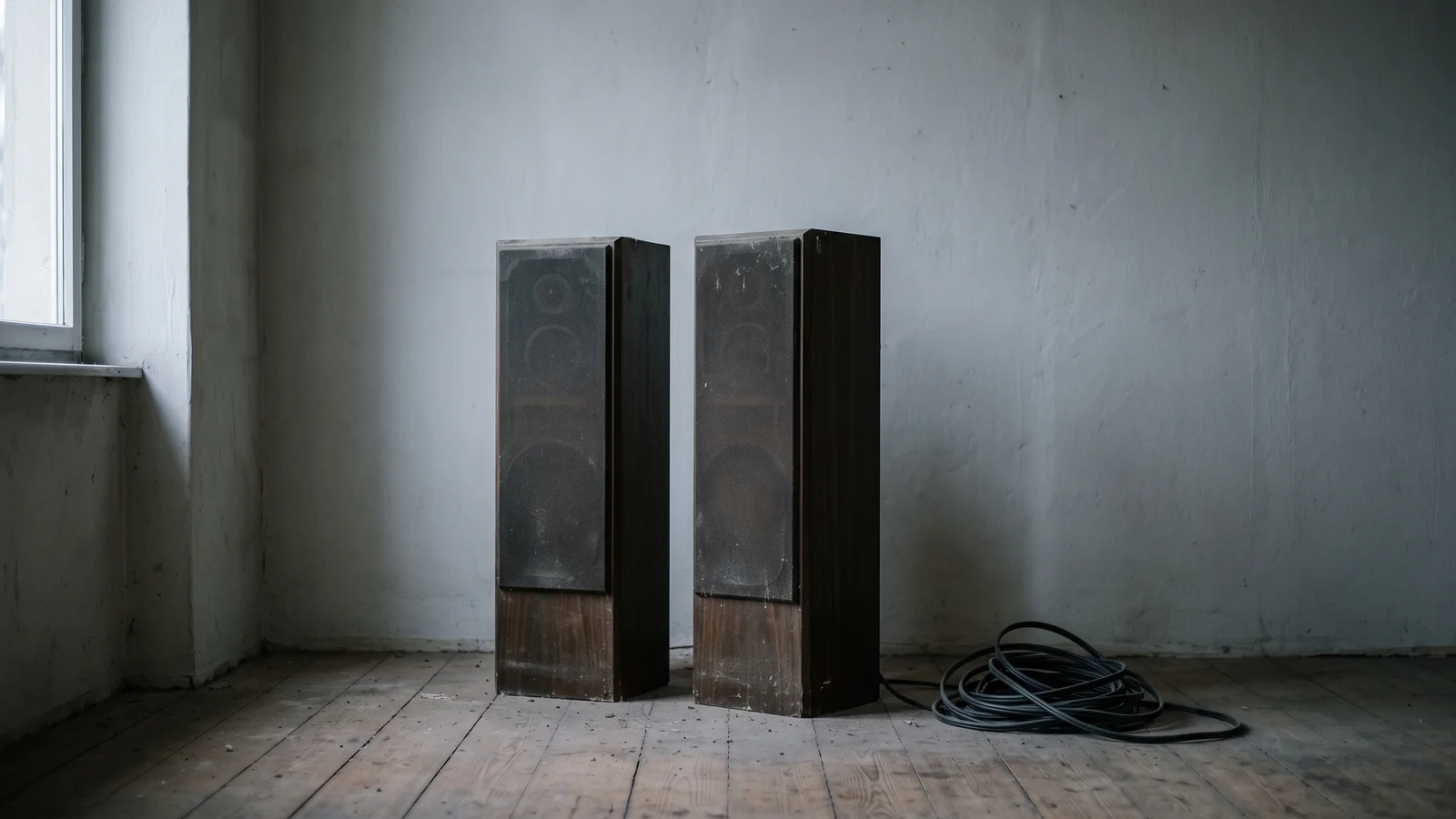 A pair of on-wall loudspeakers standing unplugged in a dim, nearly empty room with soft window light and a faint layer of dust, evoking a discontinued audio brand gone silent