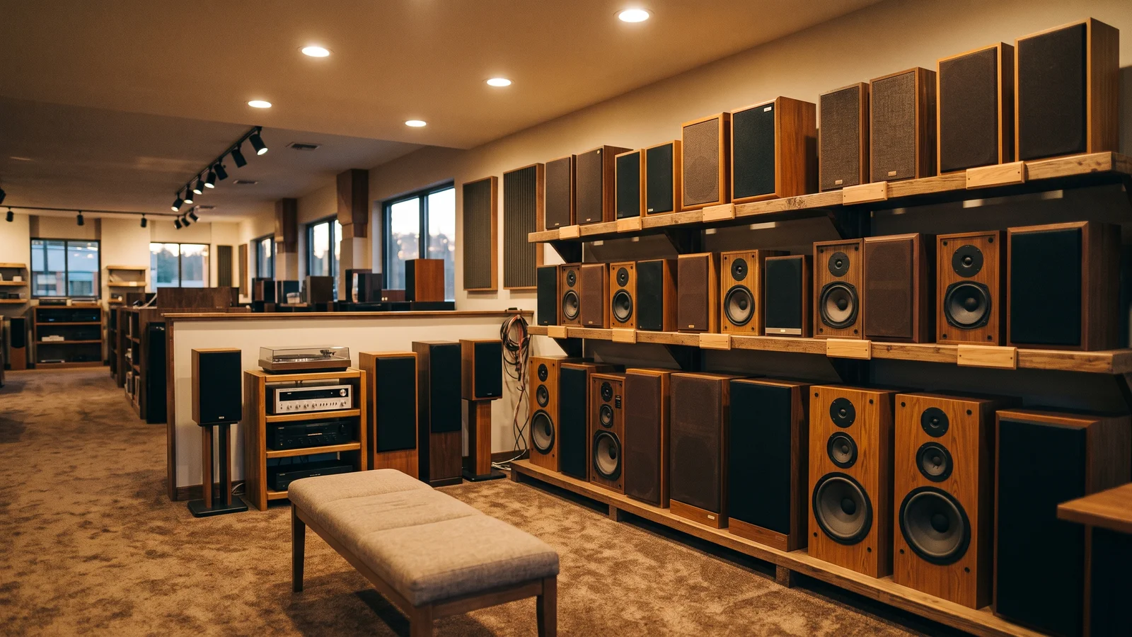A 1980s American hi-fi dealer showroom with rows of wood-grain bookshelf and floor-standing loudspeakers on wooden shelving, a carpeted listening bench and warm lighting, evoking the era of strong dealer relationships that built Boston Acoustics into a household name