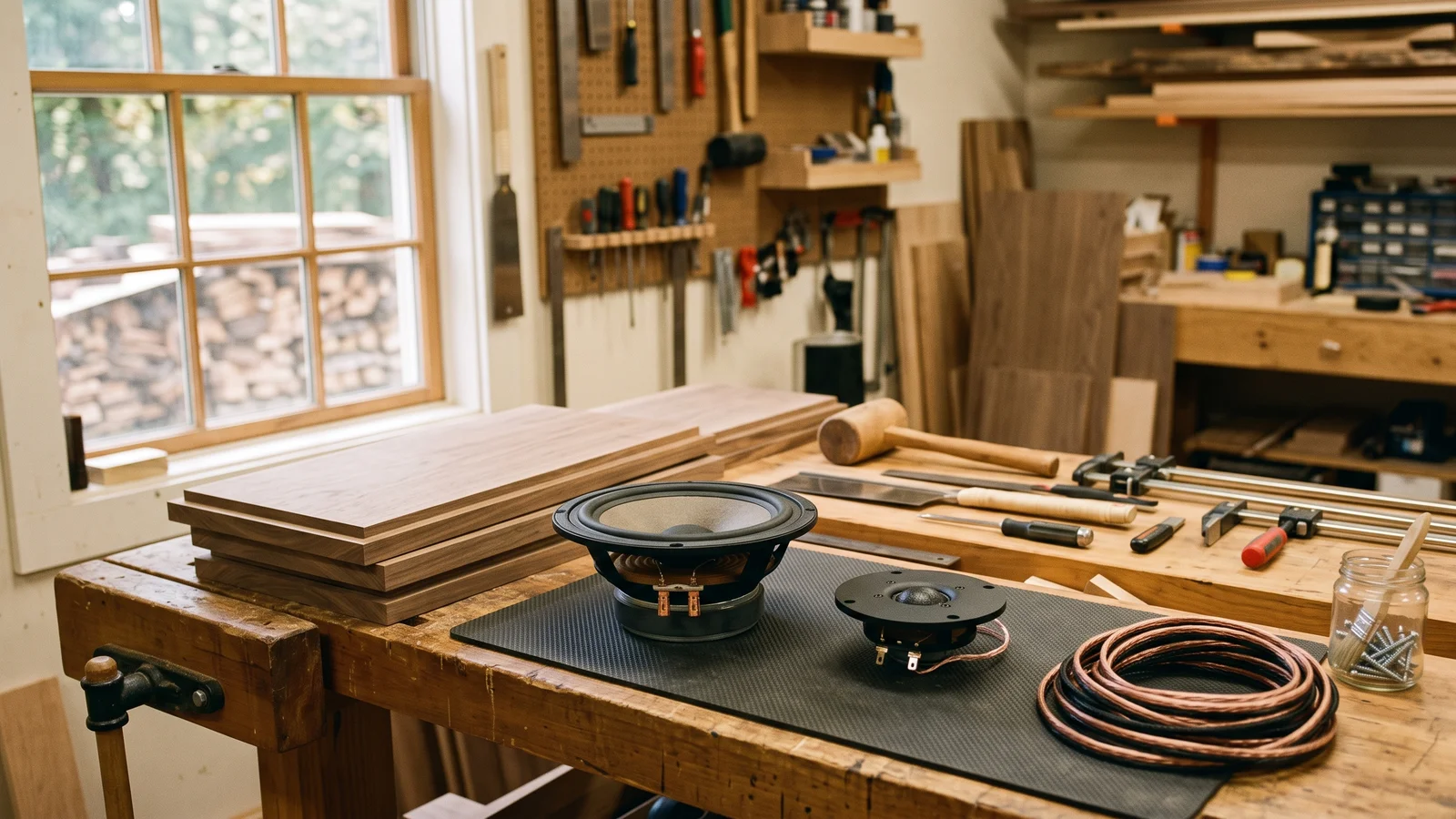 A tidy New England speaker workshop with wood-grain cabinet panels, woofer and tweeter drivers laid out on a bench, and hand tools under warm shop lighting